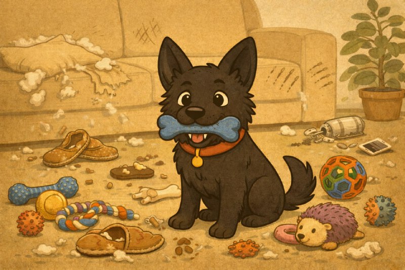 Собака с игрушкой рядом с разными предметами для игры
