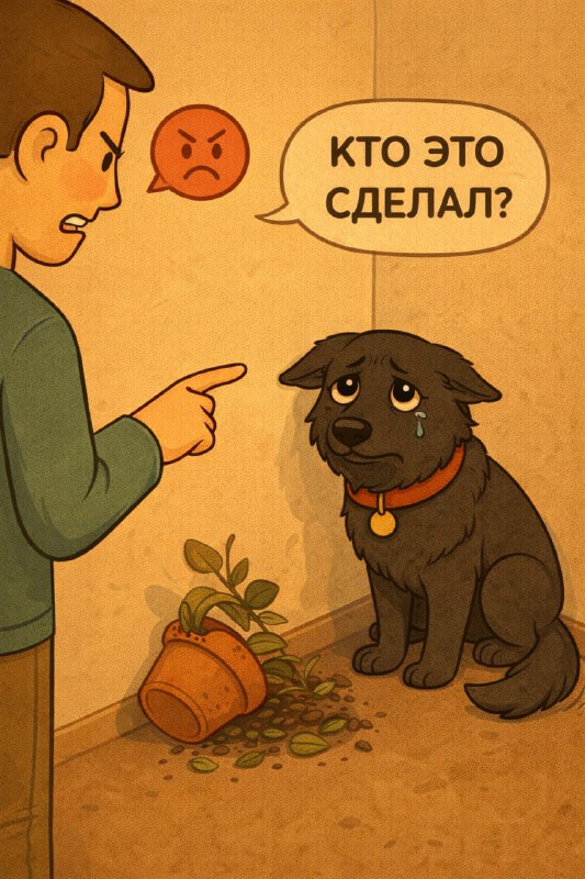 Собака отворачивается, пока хозяин показывает на упавший цветок