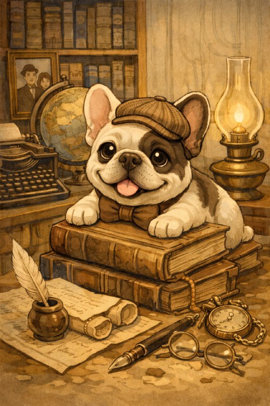 Французский бульдог среди старинных книг