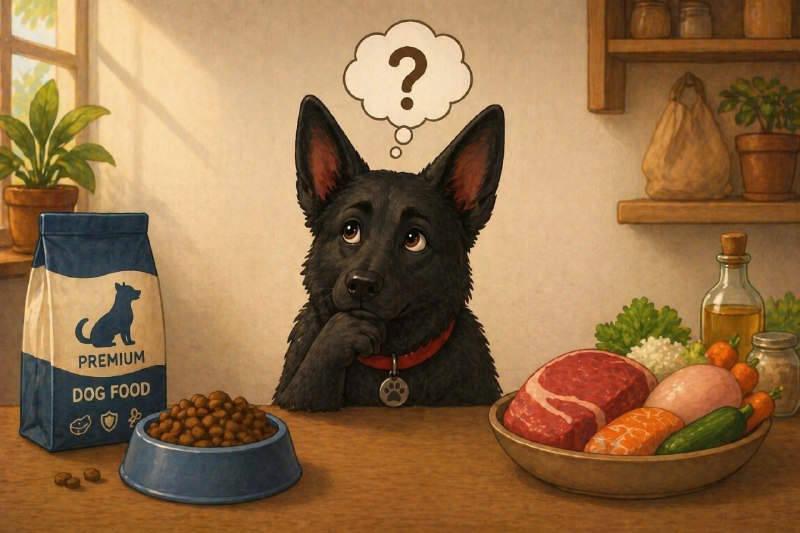 Собака между миской корма и продуктами